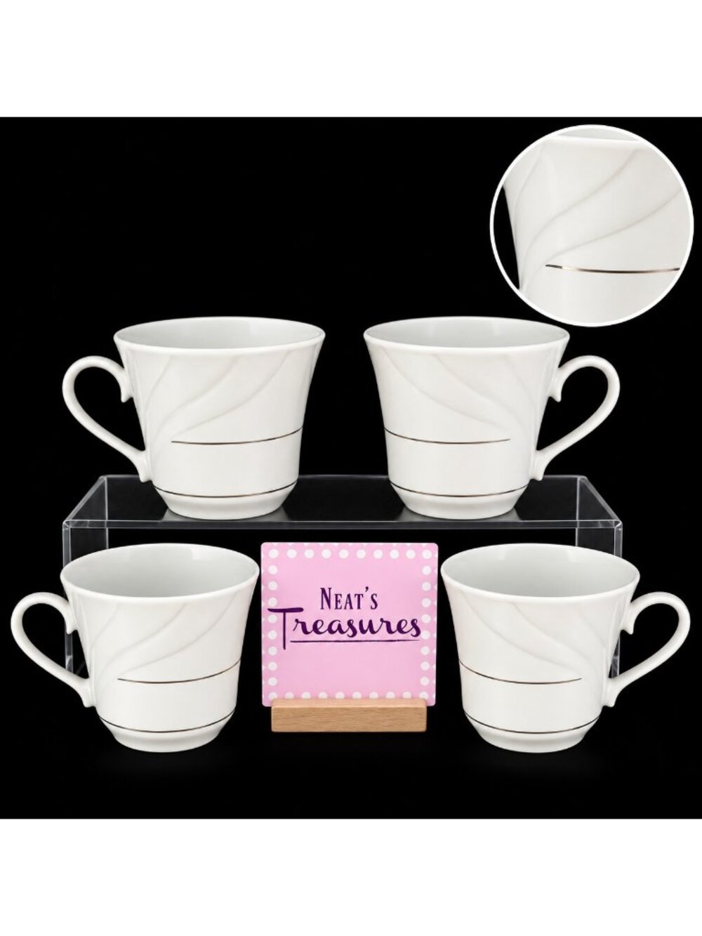 Gibson GOLDEN EMBRACE Embossed Curves Rim Gold Ring Ceramic 8 oz Cups Set of 4